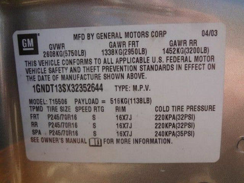 02 03 04 TRAILBLAZER FUEL PUMP PUMP ASSEMBLY 2091080